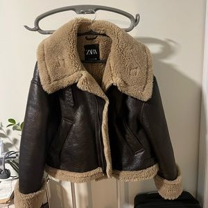 Zara Brown Leather Bomber Jacket